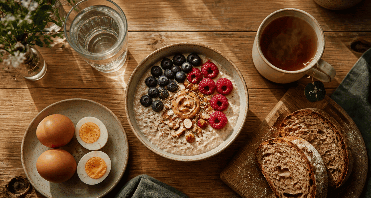 petit dej équilibré recette porridge chia fruits œufs pain levain