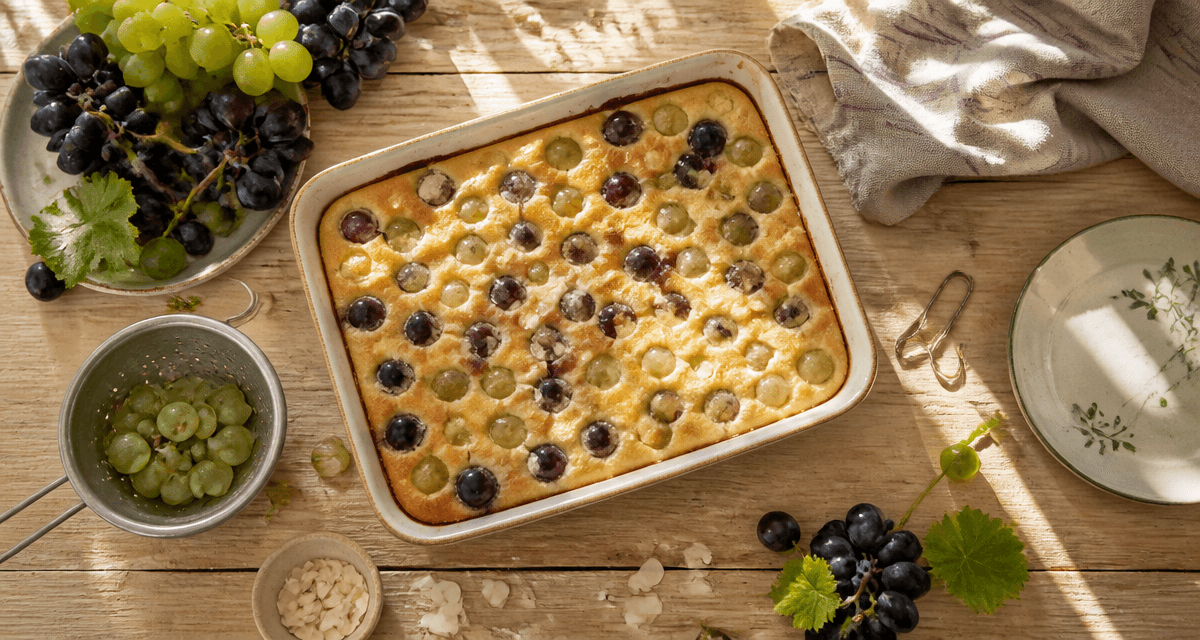 recette au raisin clafoutis sur table rustique