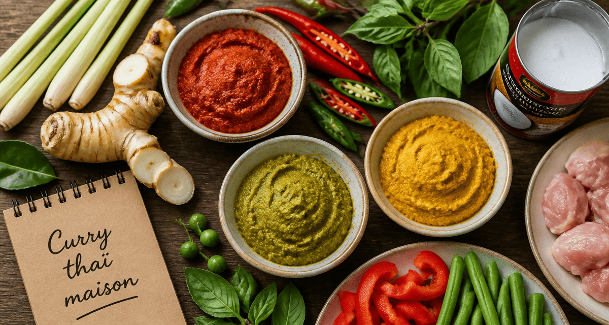 recette avec pate de curry, bols de curry thaï et ingrédients