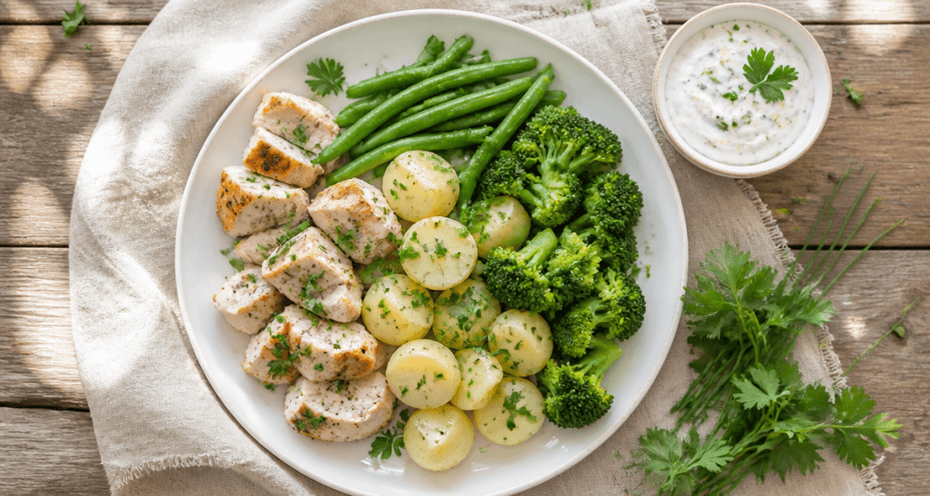 regime au pomme de terre assiette légumes poulet