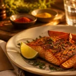 Accompagnement patate douce : saumon grillé, patate douce rôtie, herbes et citron vert