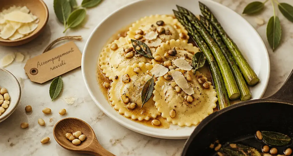 Accompagnement ravioli : raviolis ricotta, légumes rôtis et sauce équilibrée