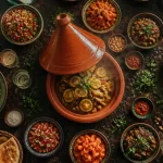 accompagnement tajine sur table marocaine avec salades et pain