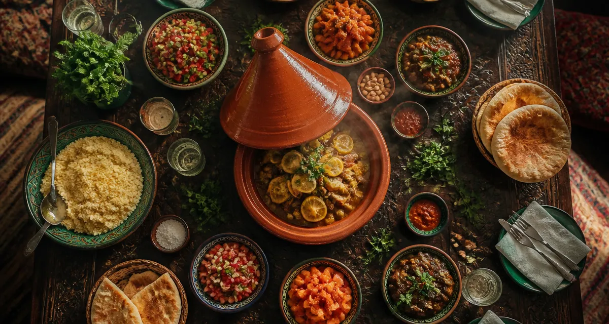 accompagnement tajine sur table marocaine avec salades et pain