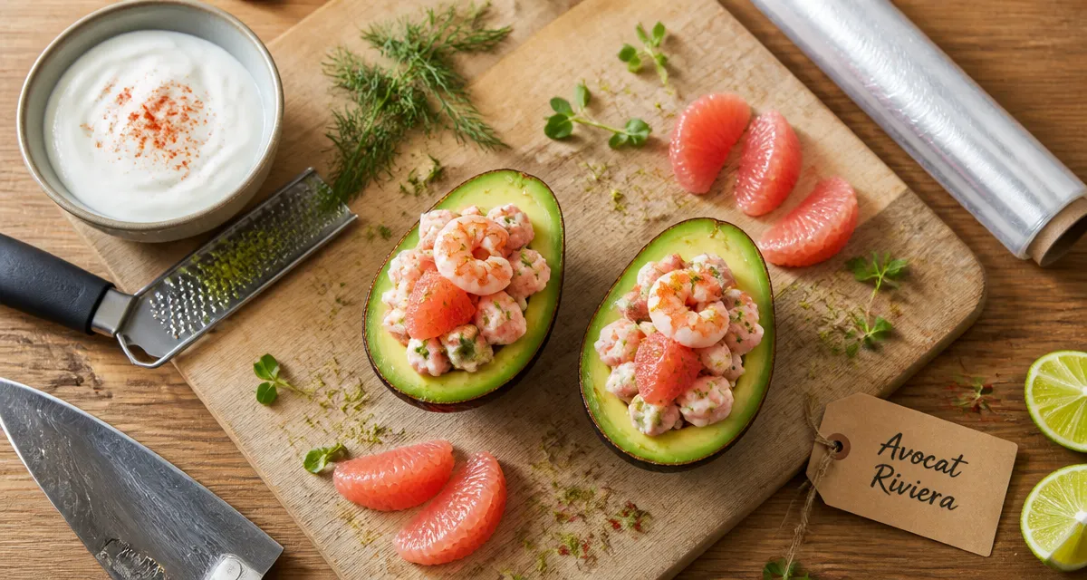 Avocat en entrée : tartare crémeux aux crevettes, film au contact pour éviter l’oxydation