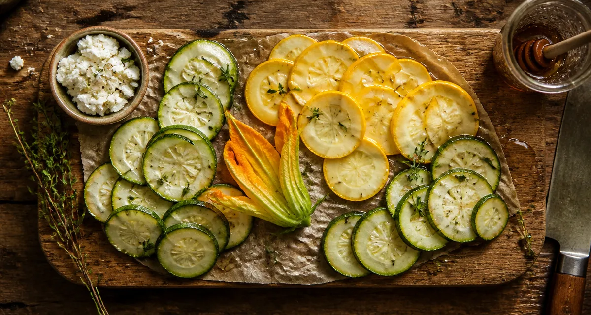 Courgettes saison : courgettes vertes et jaune, fleur et chèvre frais