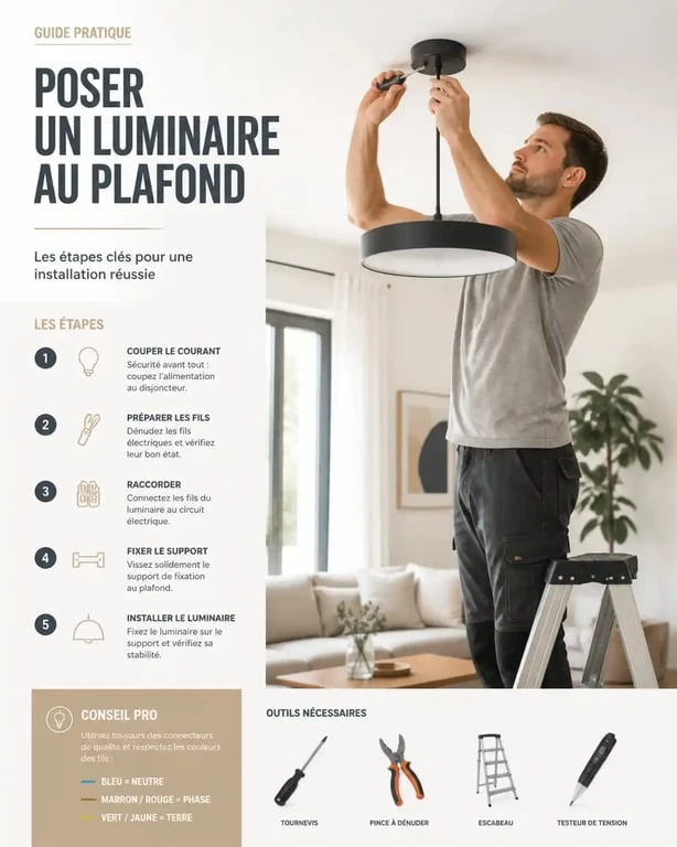 Installation d'un luminaire au plafond par un bricoleur dans un salon moderne