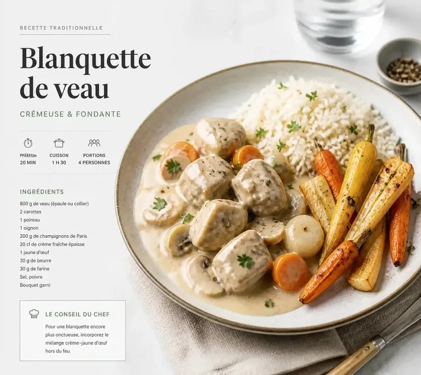 Blanquette de veau et son accompagnement de riz et légumes racines