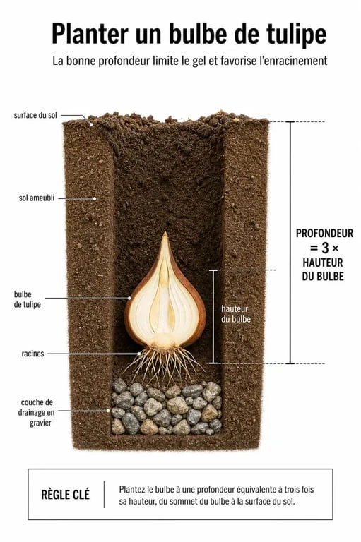 Schéma illustrant la profondeur idéale pour planter les tulipes dans le jardin.