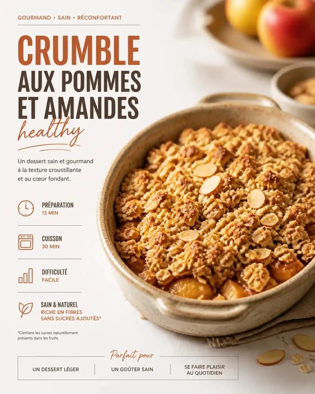 Crumble healthy aux pommes et amandes, une alternative équilibrée et gourmande au dessert traditionnel.
