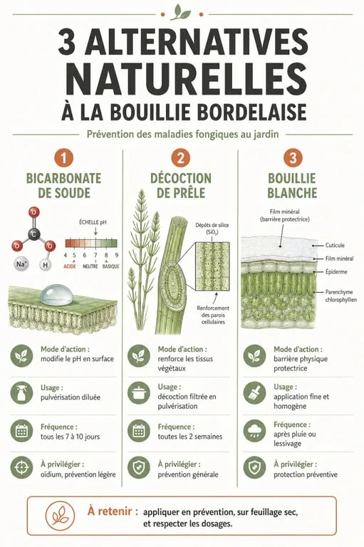 Infographie comparative des alternatives naturelles à la bouillie bordelaise pour le traitement des maladies fongiques au jardin.