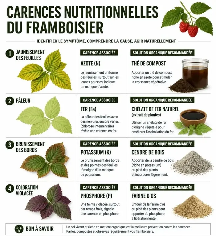 Infographie des carences et solutions pour l'engrais framboisier
