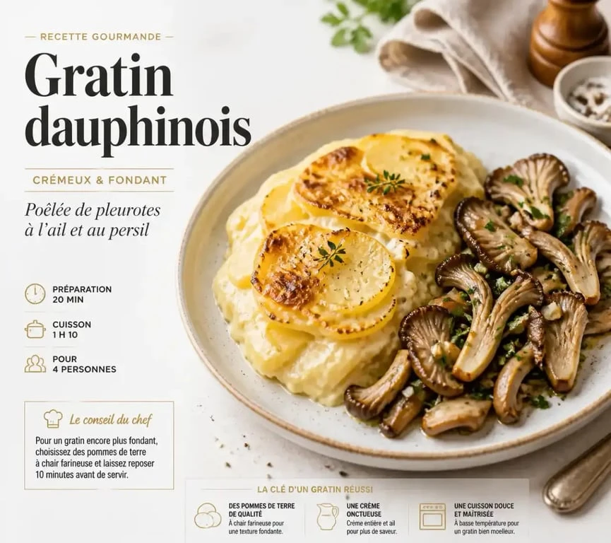 Gratin dauphinois sans viande accompagné d'une poêlée de pleurotes à l'ail