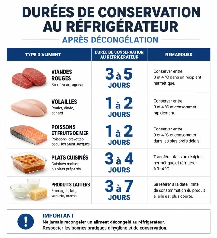Infographie des durées de conservation au réfrigérateur pour produit décongelé