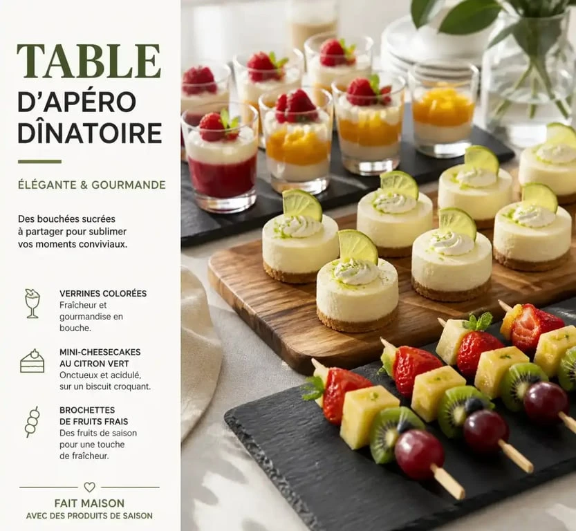 Assortiment de desserts pour un apéro dînatoire, incluant verrines et mini-cheesecakes