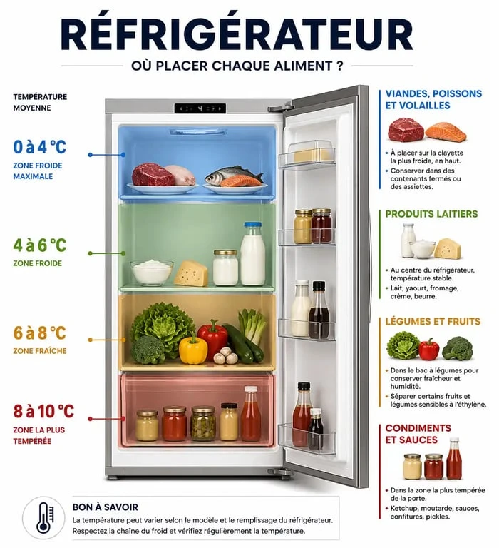 Infographie des zones de température pour le rangement du frigo
