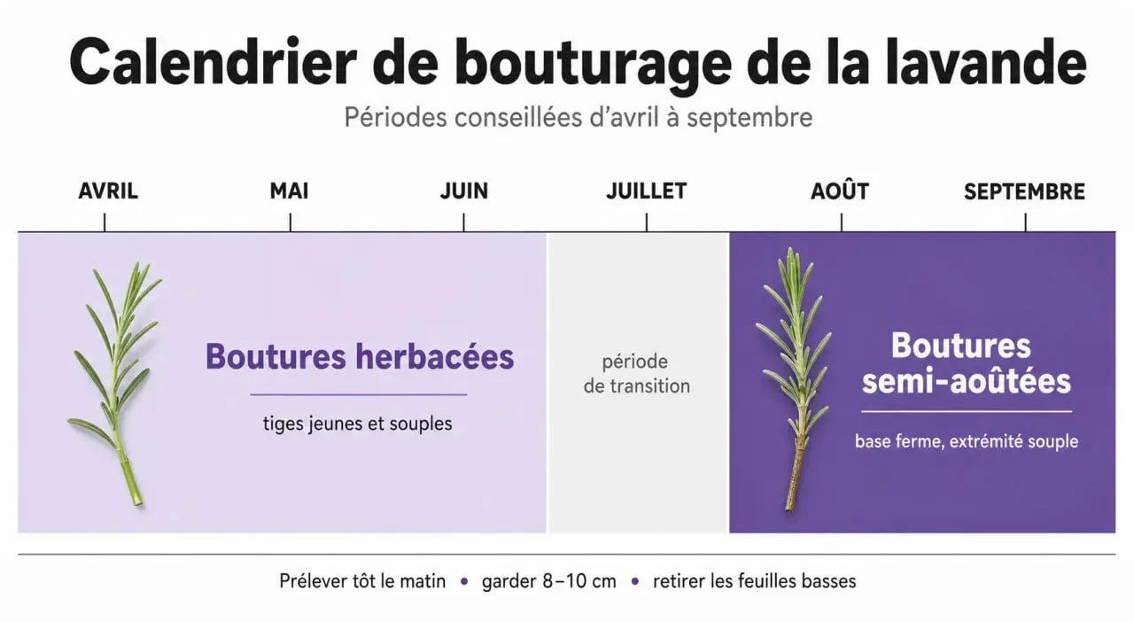 Calendrier de bouturage de la lavande : périodes idéales pour les boutures herbacées et semi-aoûtées