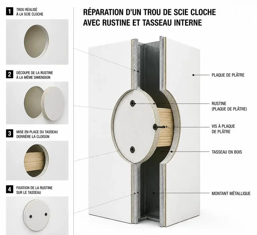 Schéma technique de la méthode pour reboucher un trou de scie cloche dans du placo avec une rustine