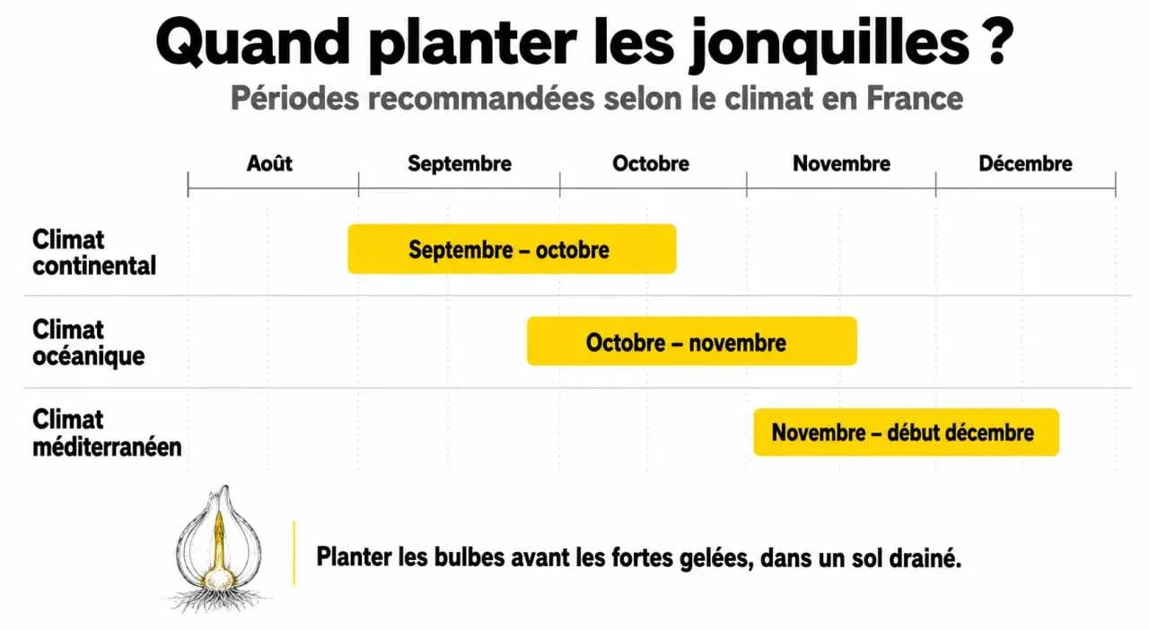 Infographie des périodes de plantation des jonquilles selon les régions pour réussir la culture des bulbes