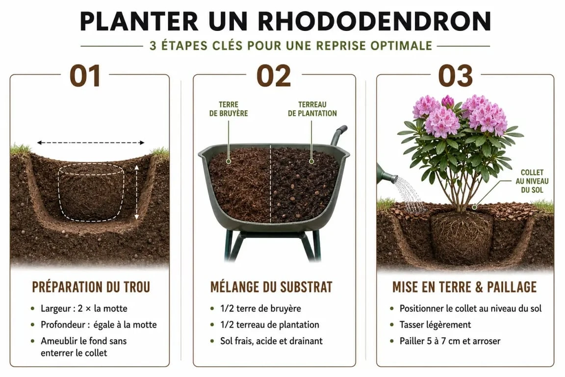 Infographie illustrant les étapes de plantation d'un rhododendron pour réussir sa culture