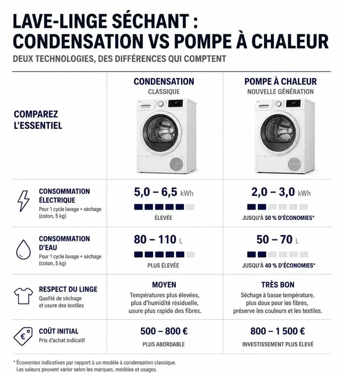 Comparatif technique des technologies de lave-linge séchant : condensation classique vs pompe à chaleur pour un avis éclairé.
