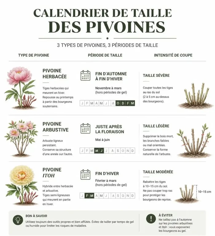 Calendrier de taille des pivoines herbacées, arbustives et Itoh