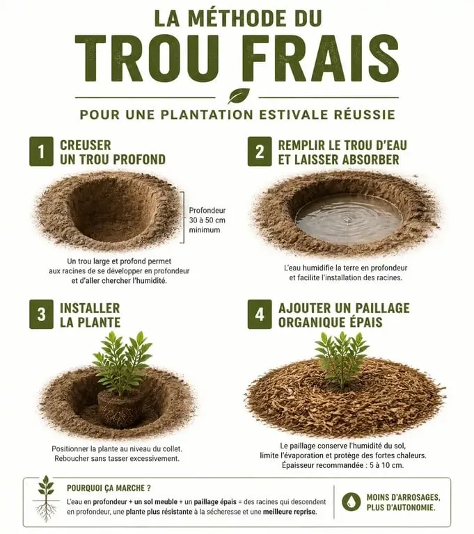 Infographie illustrant la méthode du trou frais pour planter des fleurs en juillet et août