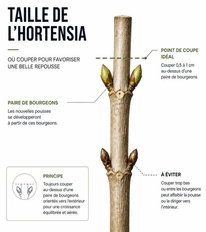 Schéma explicatif pour savoir quand couper ses hortensias et où tailler la tige