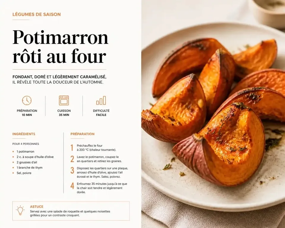 Quartiers de potimarron rôti au four, une recette simple et savoureuse pour cuire un potimarron.