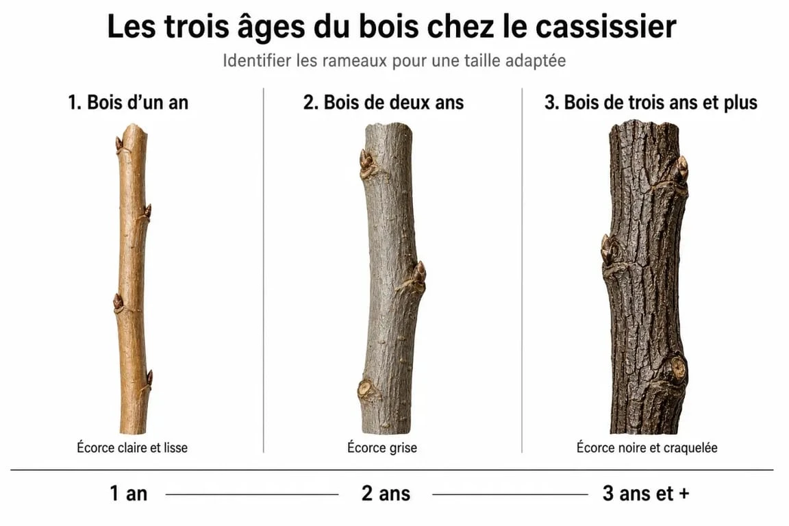 Schéma explicatif pour savoir quand tailler les cassissiers : identification des branches selon l'âge et l'aspect de l'écorce.