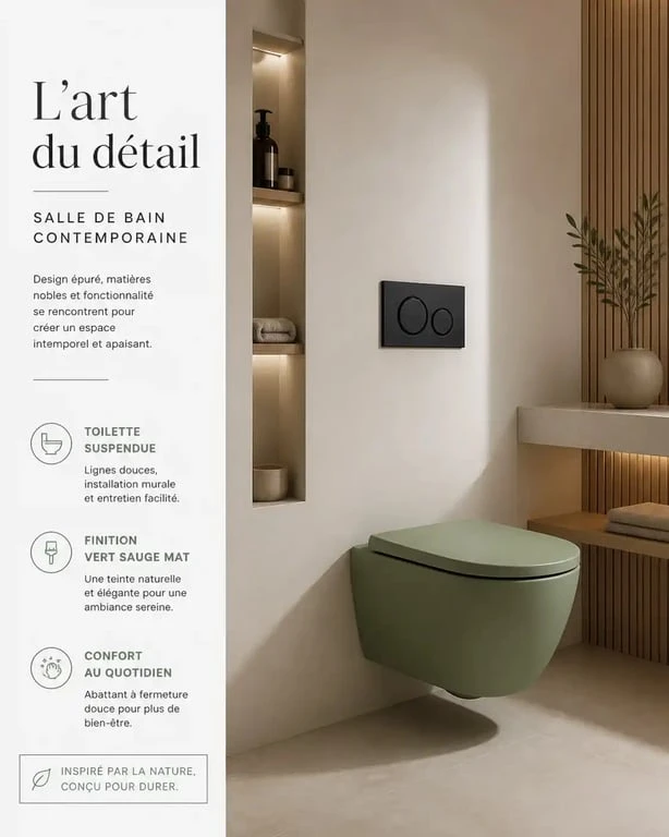Salle de bain moderne avec toilette colorée vert sauge mat pour une décoration intérieure élégante