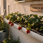 Fraisier dans gouttière : fraisiers rouges sur gouttière suspendue au balcon