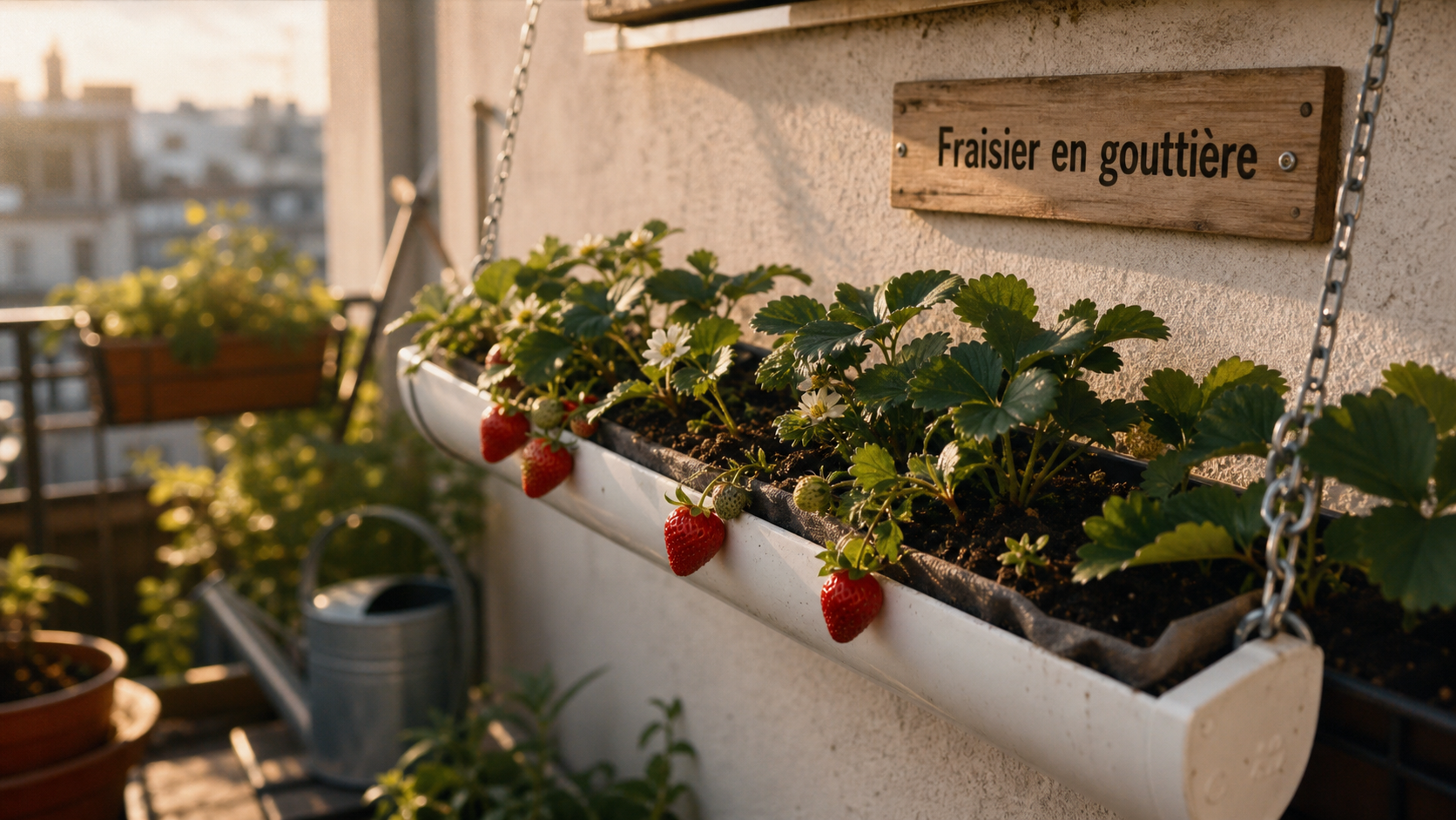 Fraisier dans gouttière : fraisiers rouges sur gouttière suspendue au balcon