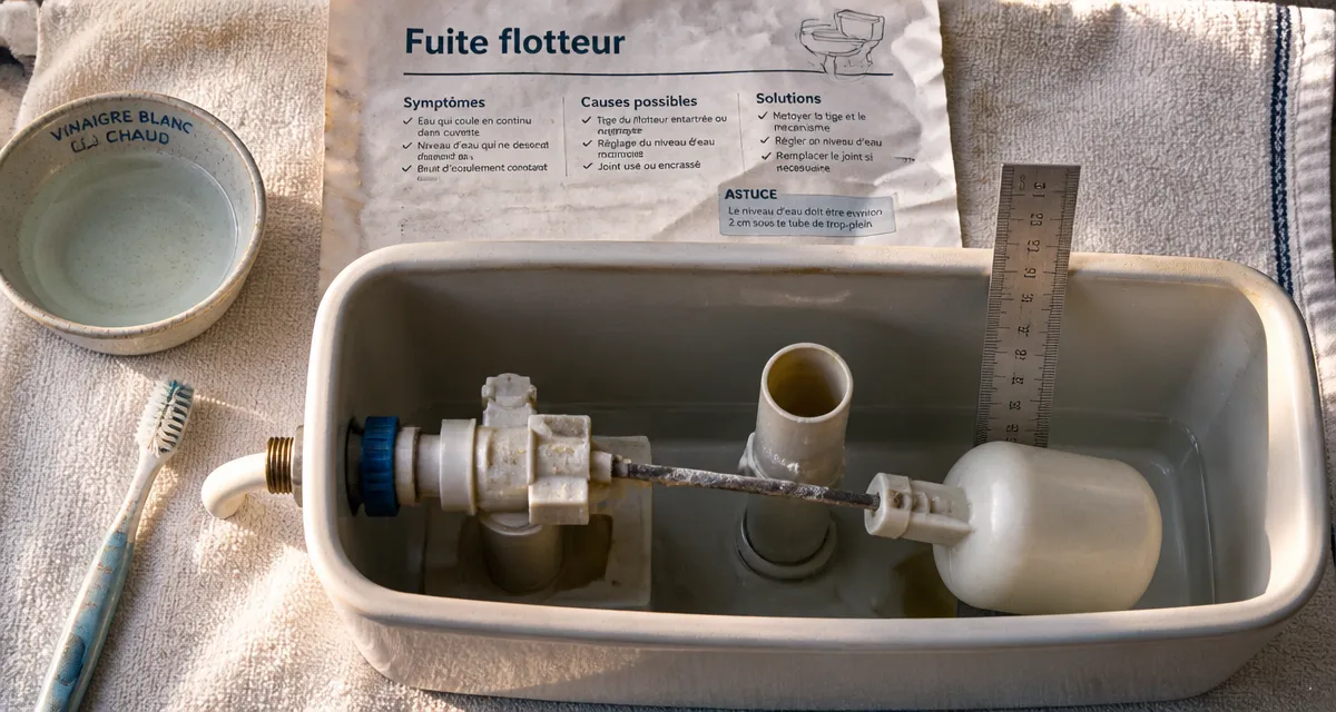 Fuite flotteur wc : réservoir ouvert et flotteur pour stopper le gaspillage
