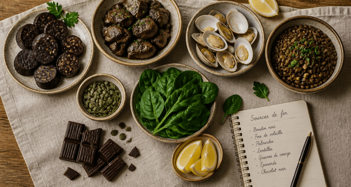 liste d aliments riche en fer sur table