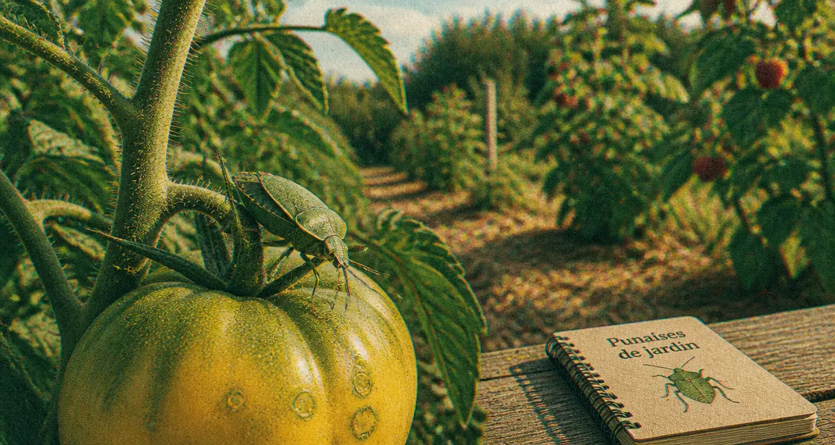 Punaise de jardin verte sur feuille de tomate, piqûres visibles, potager