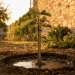 Quand et comment planter un figuier : jeune figuier fraîchement planté, trou et arrosage
