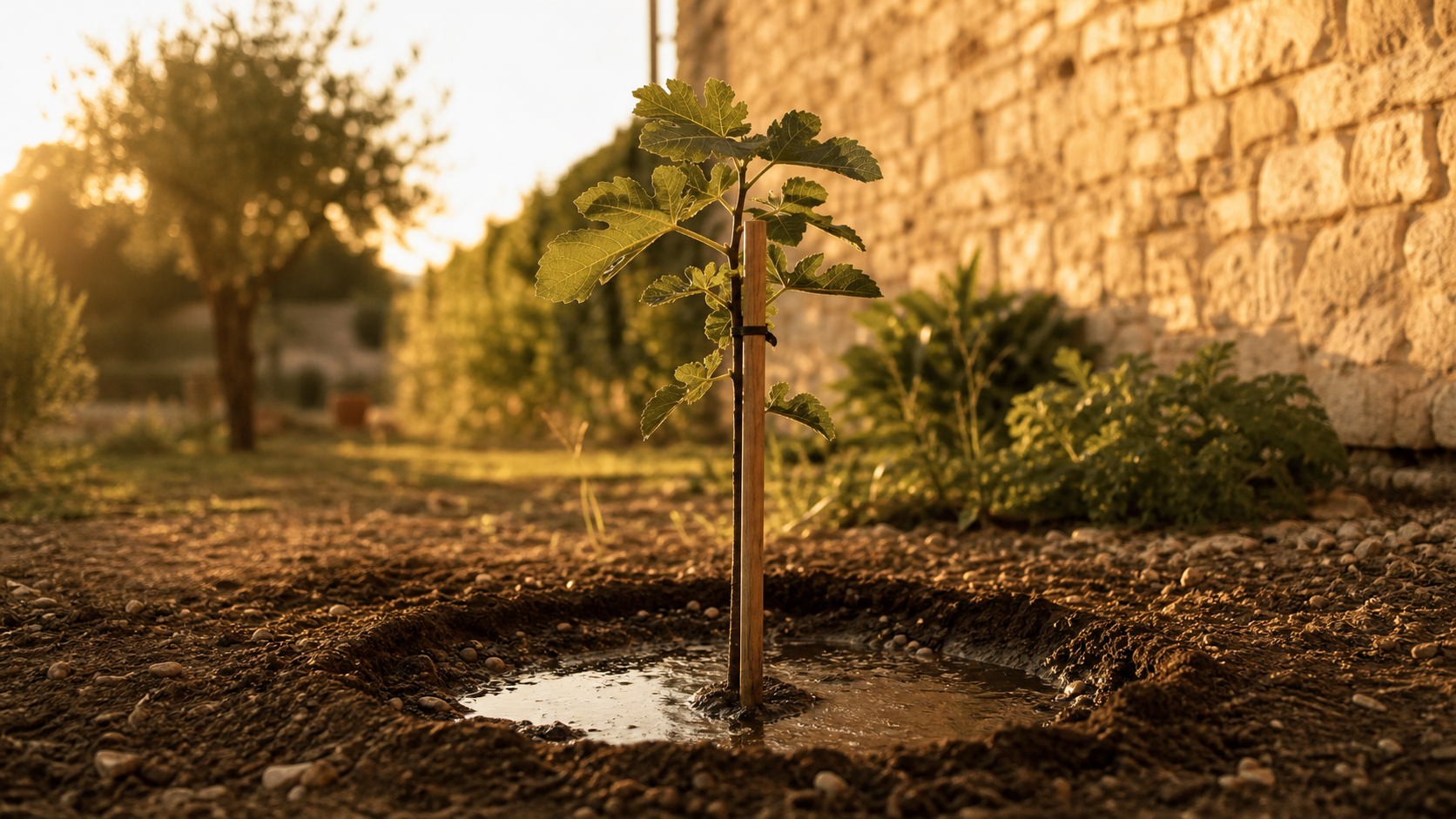 Quand et comment planter un figuier : jeune figuier fraîchement planté, trou et arrosage