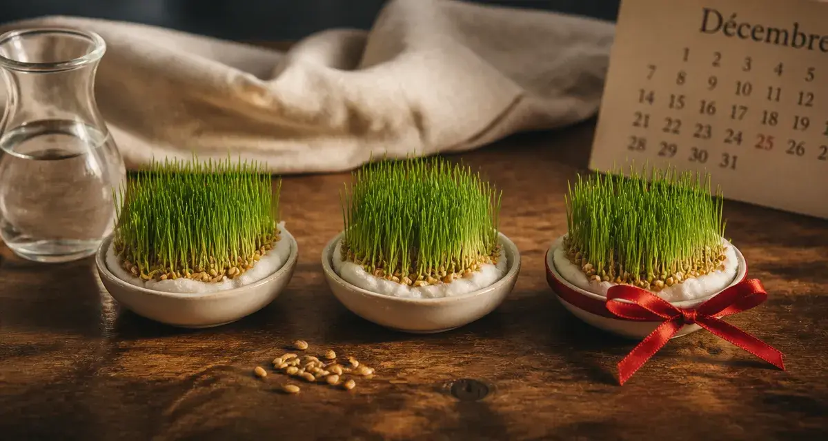 Quand planter le blé de Noël (Sainte-Barbe) : grains sur coton, pousse