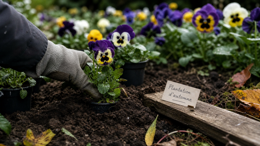 Quand planter des pensées : godets au sol, pensées violettes et blanches, plantation d’automne