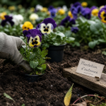 Quand planter des pensées : godets au sol, pensées violettes et blanches, plantation d’automne