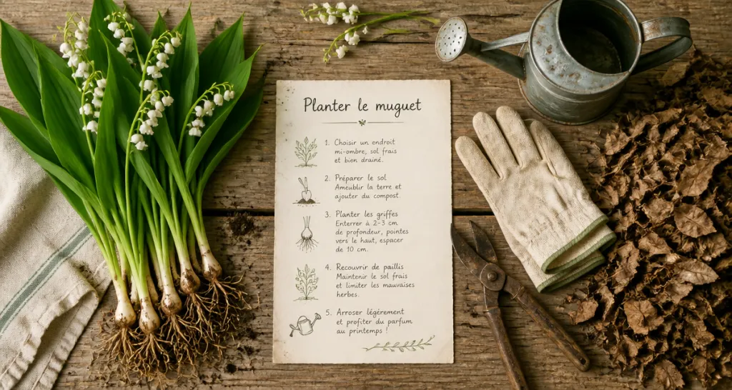 quand planter le muguet outils et griffes sur table