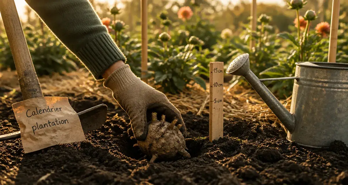 Quand planter les dahlias en pleine terre : tubercules en sol, repère de profondeur