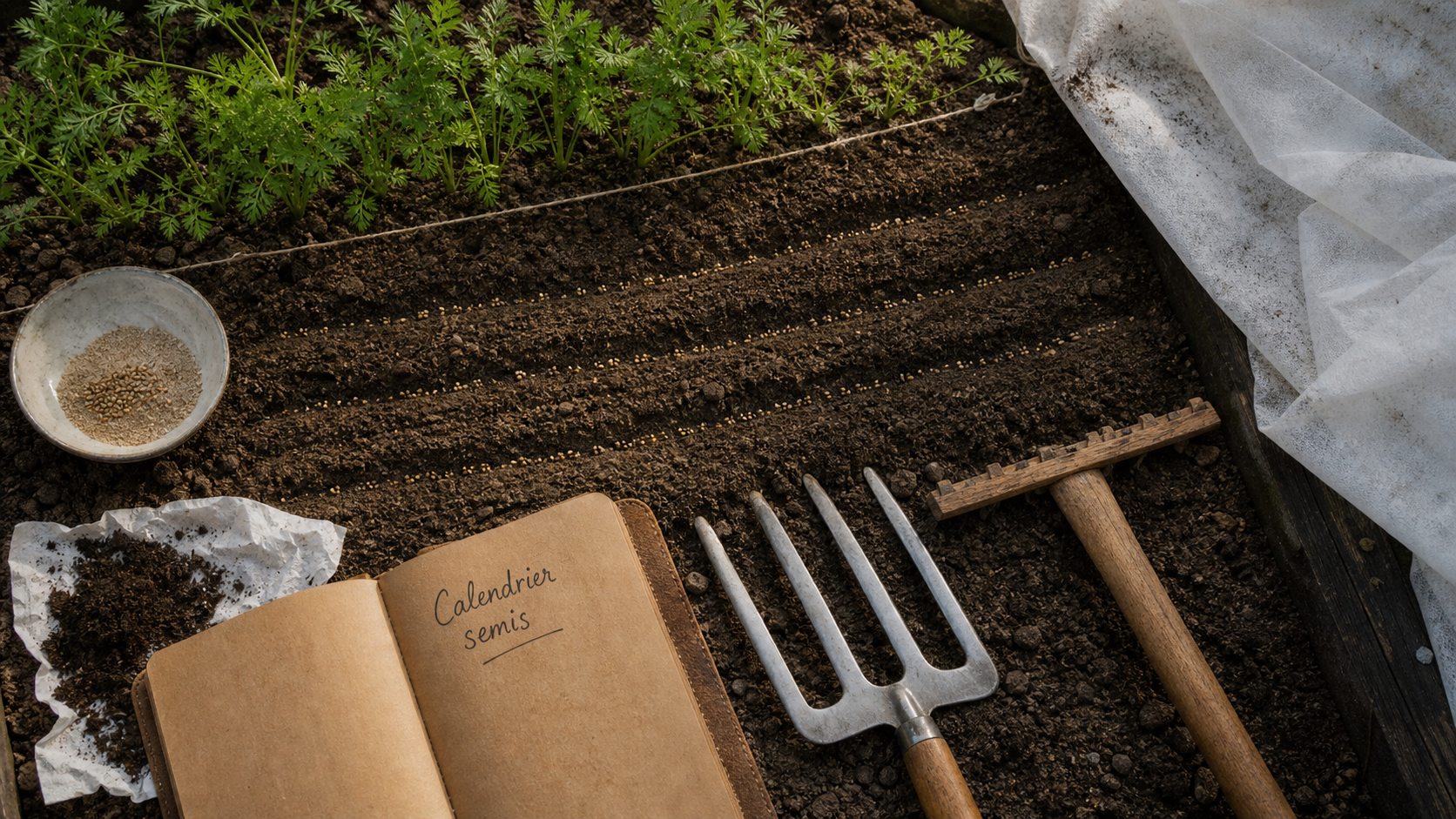 Quand semer les carottes : rangs de semis de carottes au potager vu du dessus
