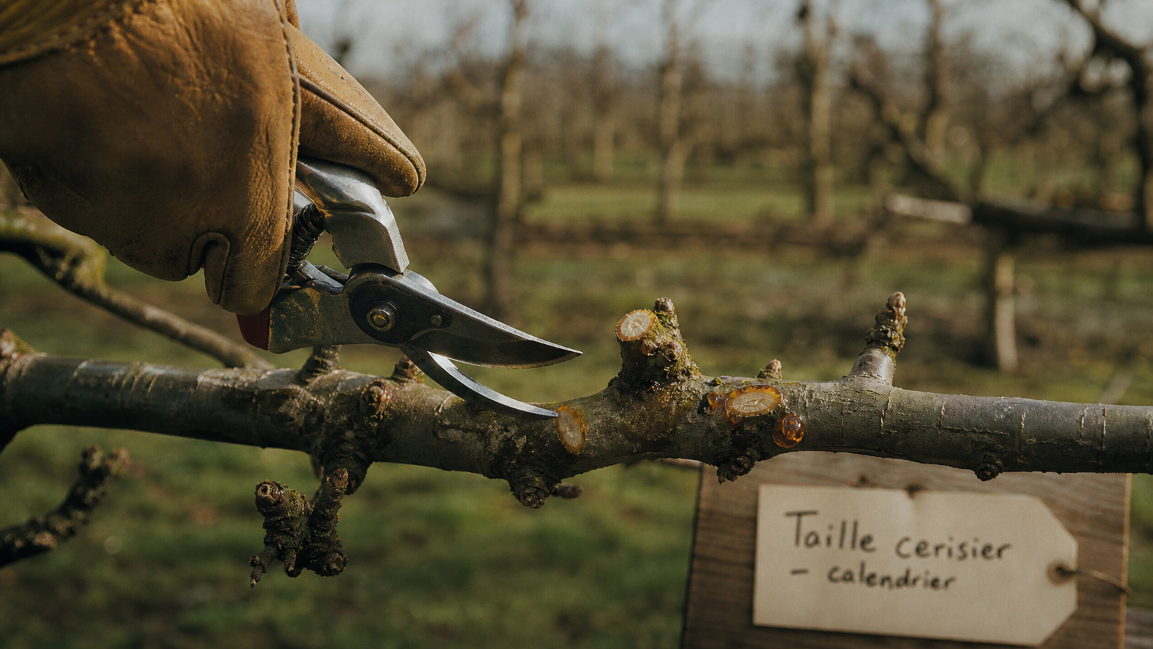 Quand tailler les arbres fruitiers à noyaux : sécateur sur branche de cerisier avant le débourrement