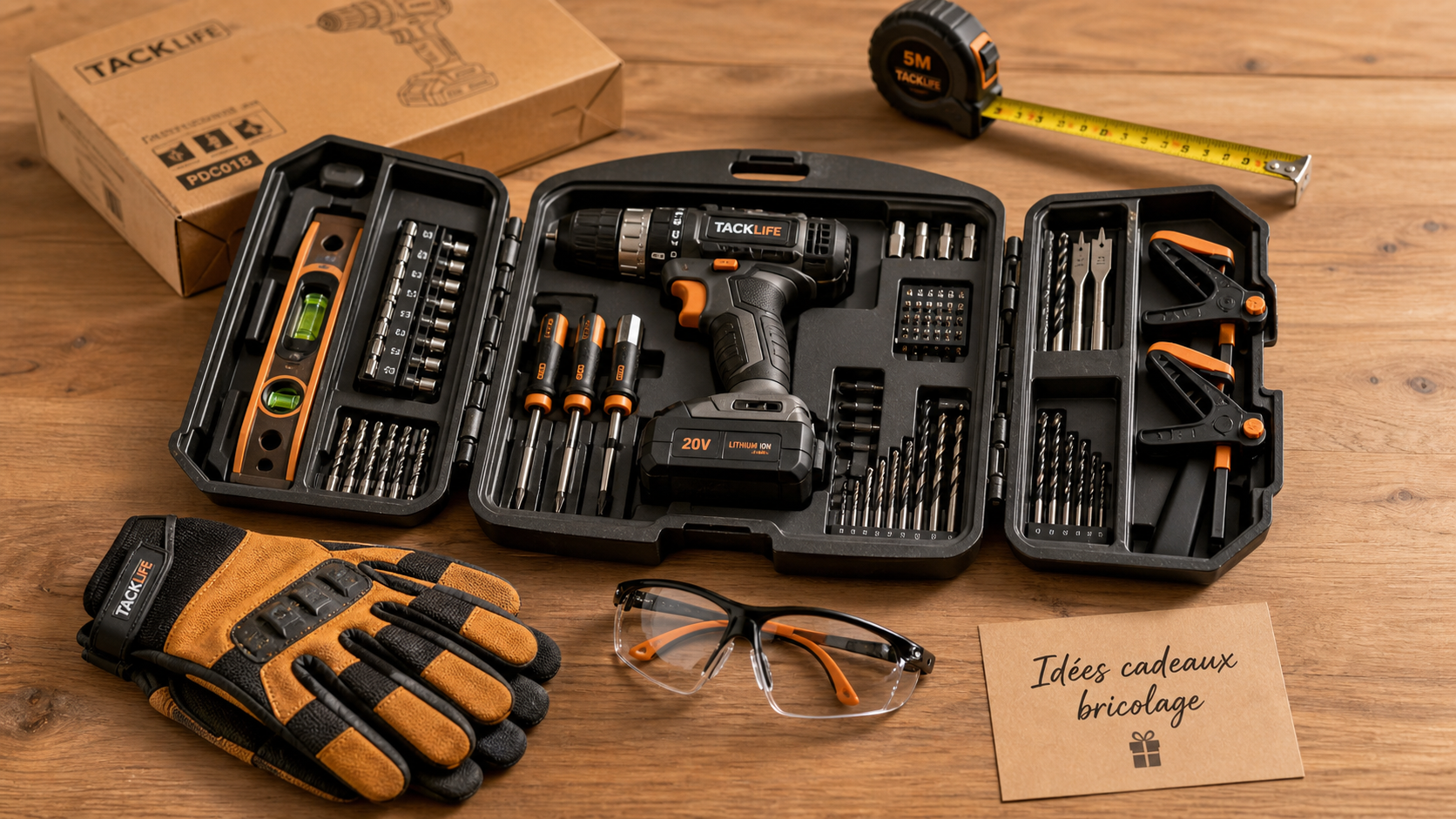 Cadeau bricolage homme : coffret d’outillage utile sur table en bois