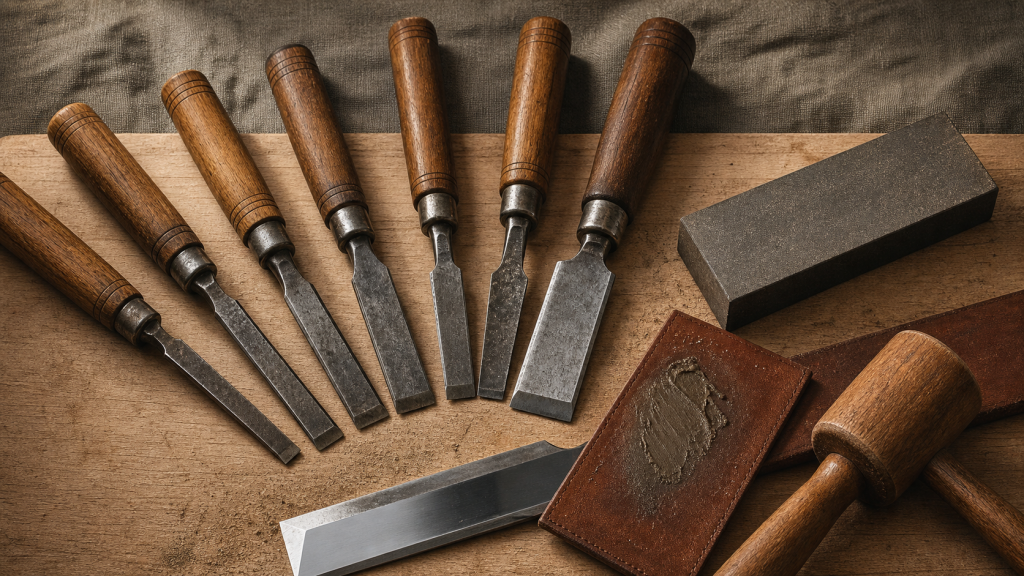Ciseaux à bois affûtage sur établi en bois