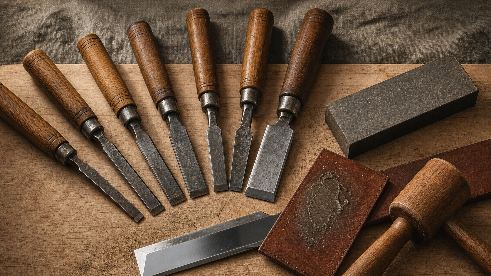 Ciseaux à bois affûtage sur établi en bois