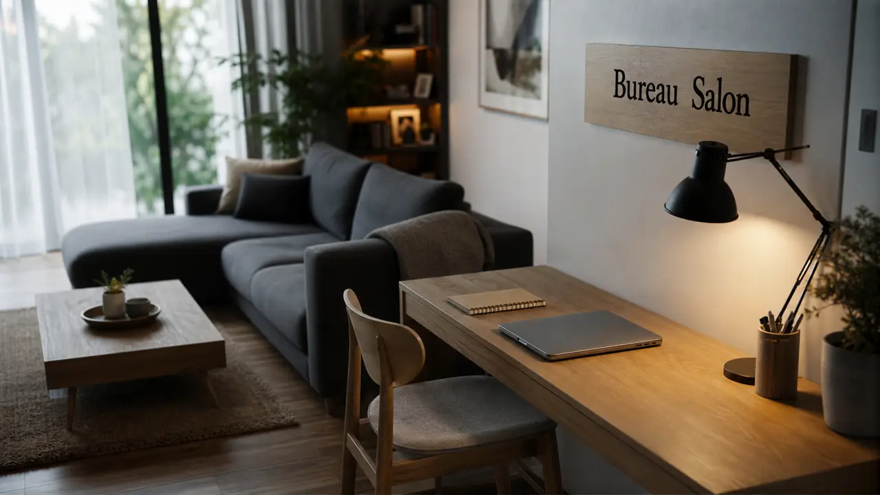Coin bureau salon discret : petit bureau près du canapé, lumière naturelle et lampe