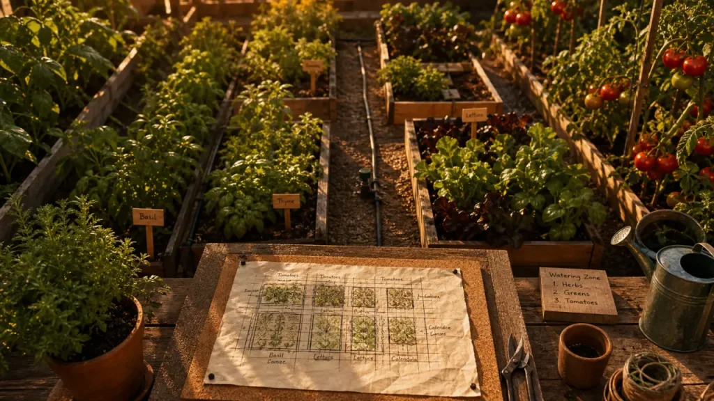 Comment organiser son potager : planches surélevées et goutte-à-goutte pour récoltes.